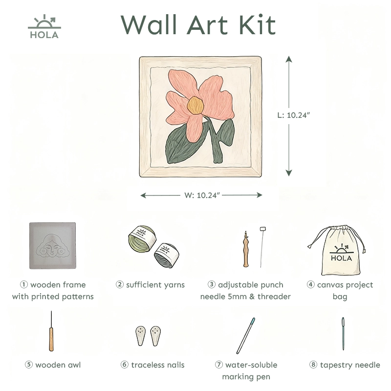 Punch needle supplies 10.24" wall art kit 8 pieces wooden frame punch needle threader yarns traceless nails awl
