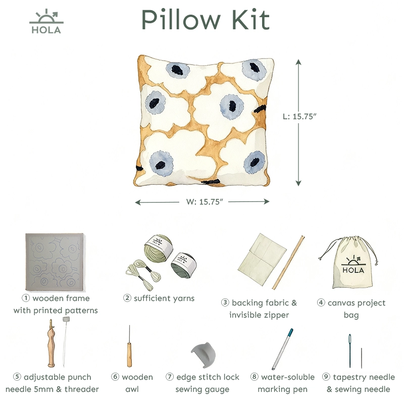 Punch needle supplies pillow kit 9 pieces wooden frame yarns backing fabric invisible zipper sewing tools