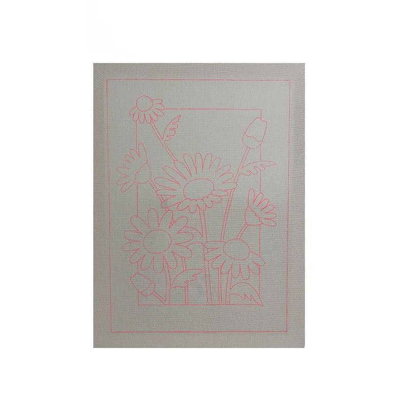 Daisy wall art pattern with blooming flowers outlined in pink on fabric for punch needle embroidery home decor project