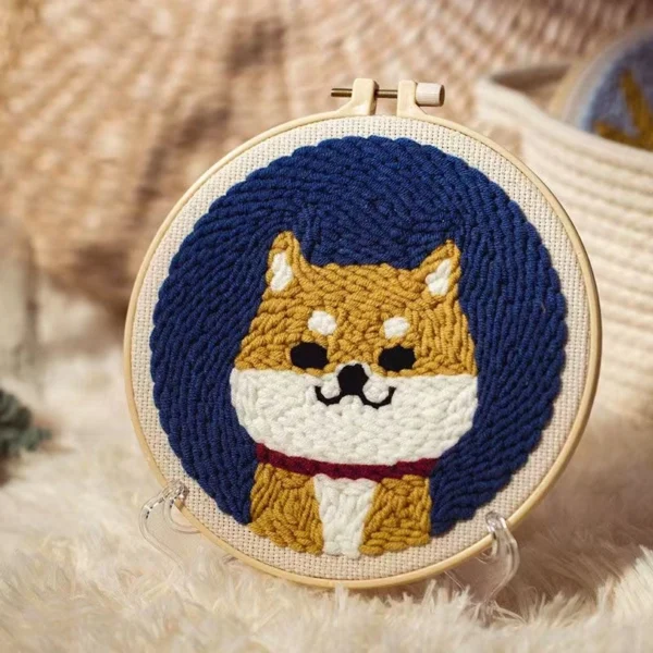 Shiba Inu art punch needle kit with adorable dog design in wooden hoop, yarn, and complete beginner crafting supplies