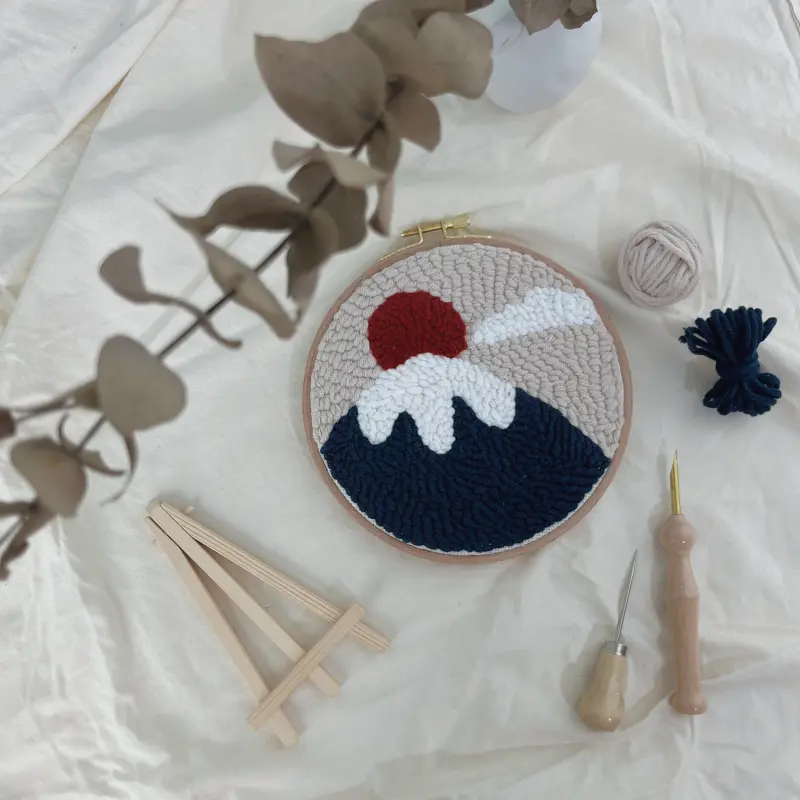 Mount Fuji art punch needle beginner kit with embroidery hoop tools yarns and eucalyptus decor