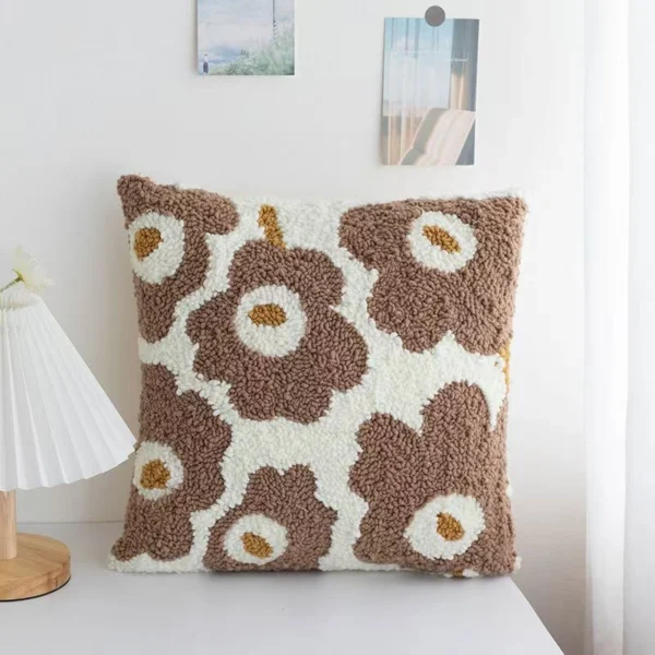 Brown flowers pillowcase needle punching kit displaying rich autumn tones and complete crafting materials for beginners