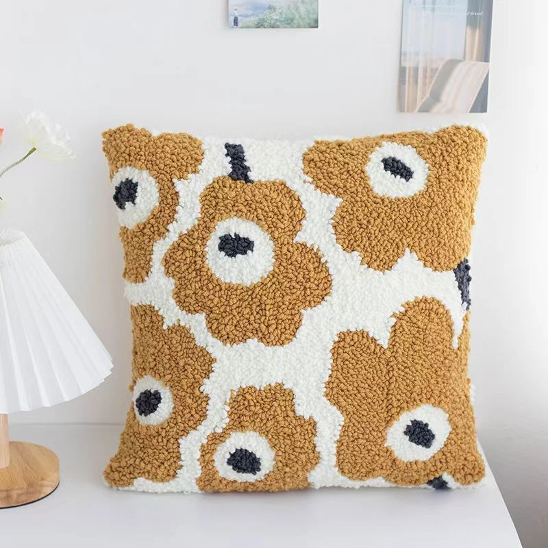 Yellow flowers punch needle pillow cover kit displaying sunny floral pattern and complete crafting supplies
