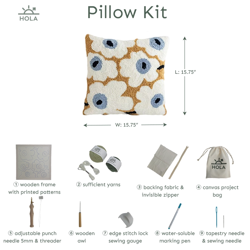Displaying the complete set of tools included in a Pillow Series punch needle kit.