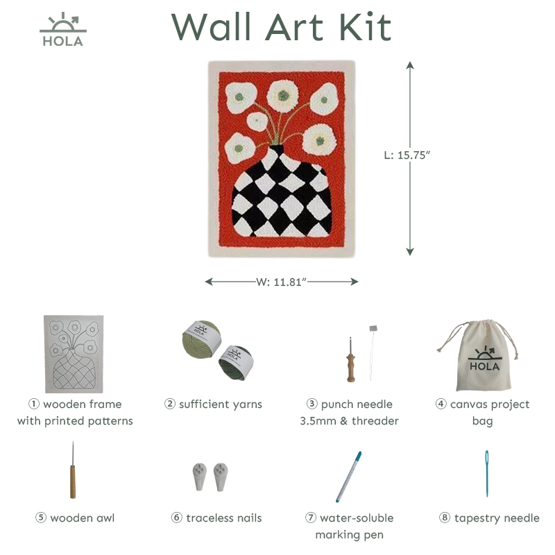 Showing tools included in a Wall Art Series punch needle kit using a 3.5mm punch needle.